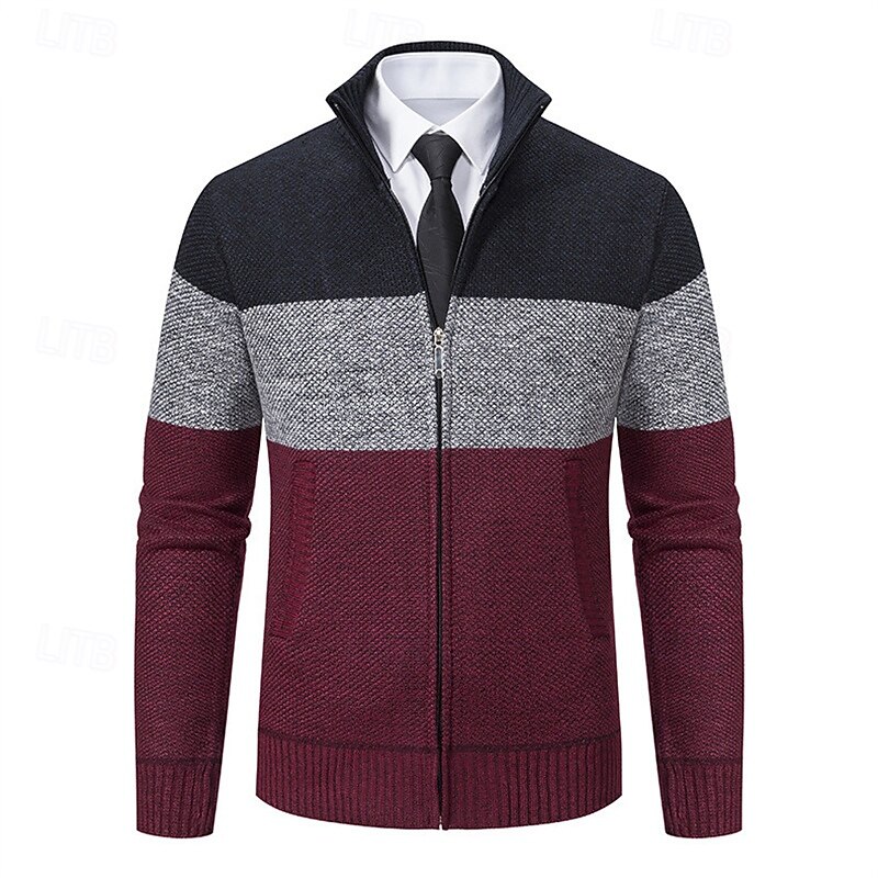 Men's Cardigan Sweater Cropped  Sweater Zip Sweater Knit Sweater Ribbed Knit Regular Tops Patchwork Fleece Color Block Stand Collar Fashion Classic Vacation Daily Wear Clothing Apparel Fall Winter4