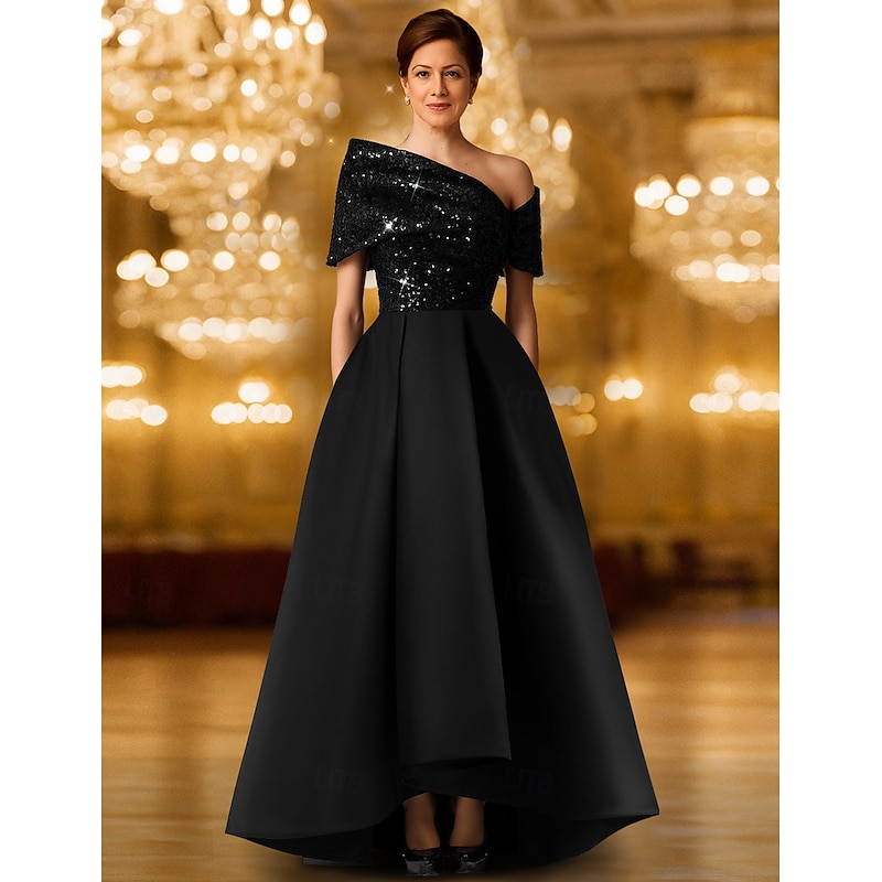 Black Tie Sequin A-Line Evening Gown Elegant Dress Formal Wedding Floor Length Short Sleeve One Shoulder Pocket Stretch Satin with Glitter Shawl