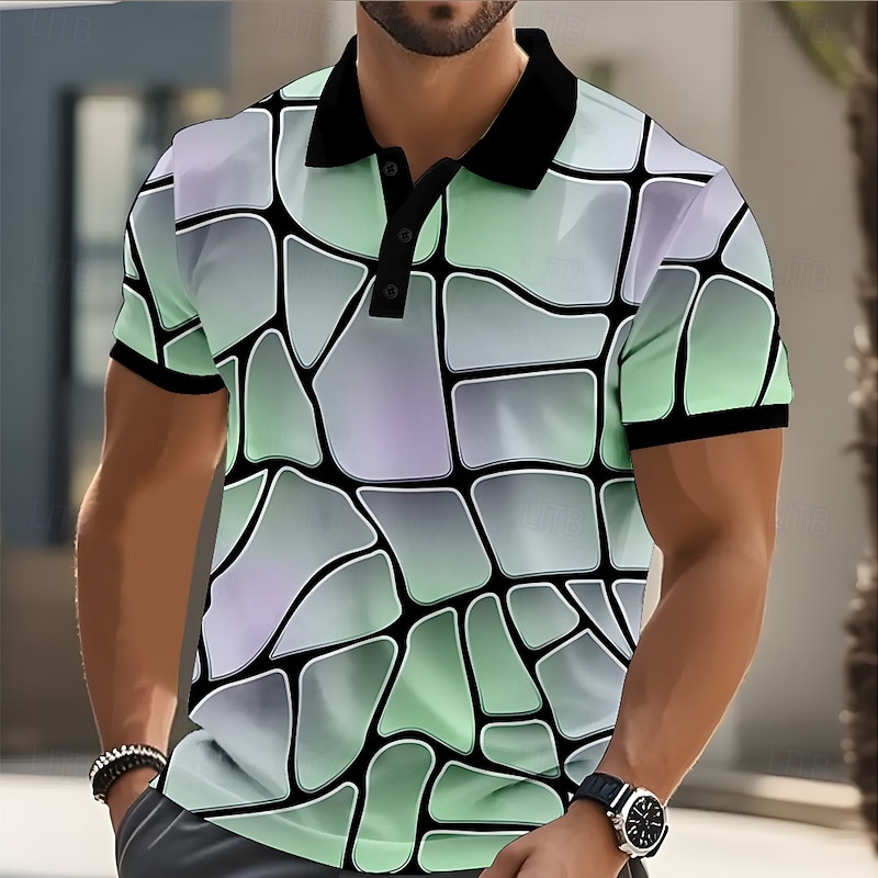 Men's Abstract Geometic Polo Short Sleeve Polo Shirts Collared Shirts Casual Street Athleisure Daily Wear 3D Print Buttons Summer Yellow Blue Purple2