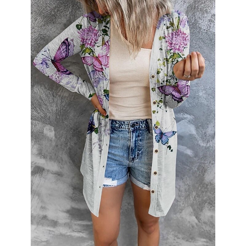 Women's Casual Jacket Comfortable Breathable Print Casual Butterfly Vacation Street Casual Daily Wear Single Breasted Long V Neck Regular Fit Long Sleeve Outerwear White Red Purple Summer Spring2