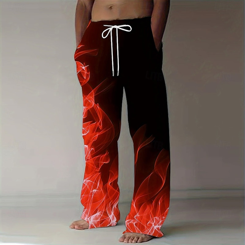 Men's Flame Trousers Baggy Pants Casual Pants Mid Waist Fashion Casual Holiday Streetwear Elastic Drawstring Waist Linen-Like Pants with Pockets Summer Spring 3D Print Red Blue Purple4