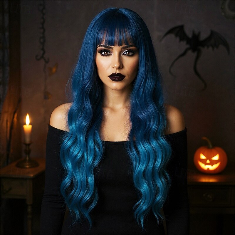 Long Tea Blue Wavy Wig for Women – Full Head Cap, Natural-Looking, Large Waves, Full Bangs, Perfect for Halloween, Cosplay, and Fashion Looks2
