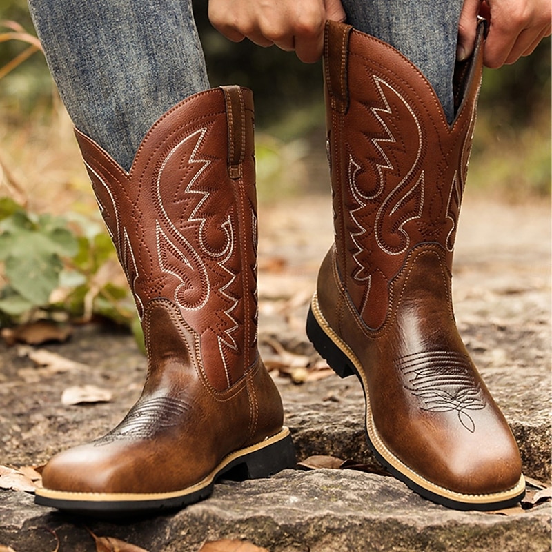 Men's Classic Brown Faux Leather Cowboy Boots with Embroidered Shaft – Western Style Riding Boots for Ranch and Outdoor Wear