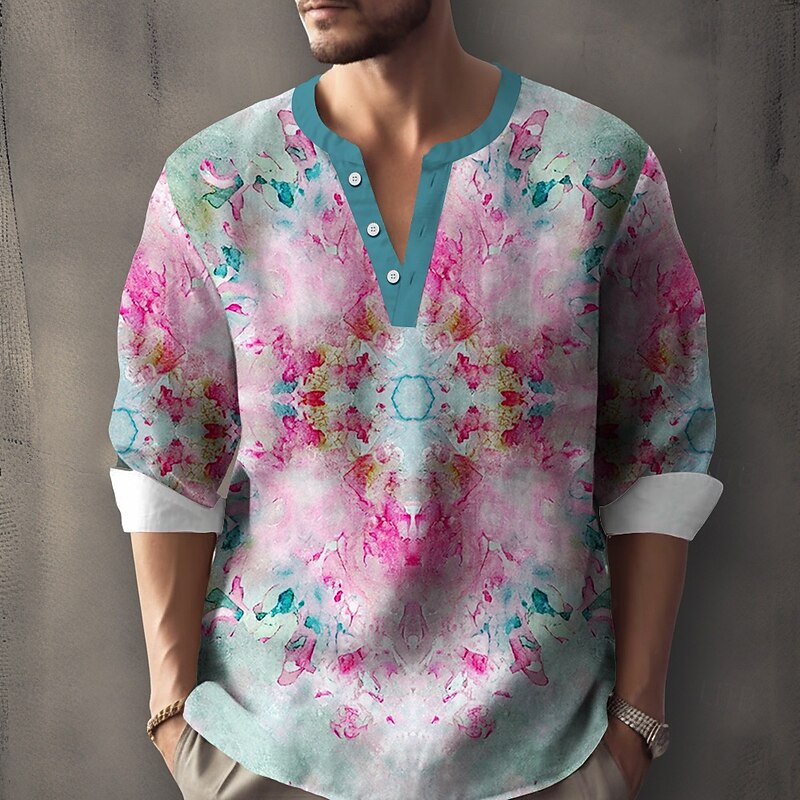 Men's Gradient Floral Print Flowers Shirt Henley Shirt Tunic Shirts Long Sleeve Ethnic Boho Outdoor Vacation Daily Summer Spring V Neck Button Up 3D Print Linen Like Shirt Green