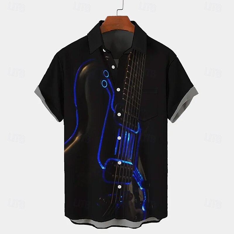 Men's Boardmasters Striped Guitar Shirt Summer Shirt Button Up Shirt Short Sleeve Vintage Retro Outdoor Vacation Dailywear Summer Spring Turndown 3D Print Collared Shirts Front One Pocket Black 14