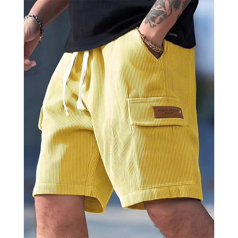Men's Cargo Shorts Summer Shorts Casual Shorts Corduroy Shorts Elastic Waist Drawstring Multi Pocket Plain Comfort Breathable Short Outdoor Vacation Sport Casual Black Yellow