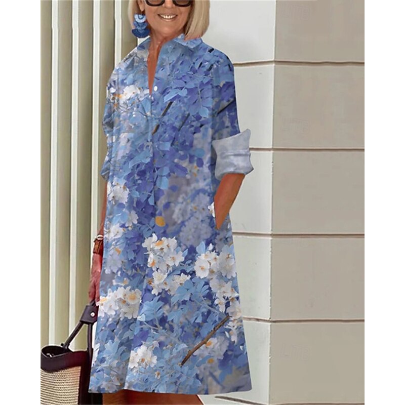 Women's Midi Dress Shirt Dress Casual Dress Fashion Modern Daily Beach Weekend Regular Fit Flower Long Sleeve Shirt Collar White Yellow Pink Navy Blue Spring Fall2