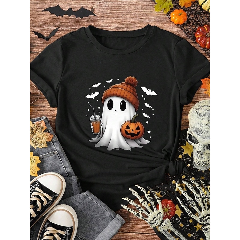 Halloween Women's T shirt Ghost Graphic Vintage Casual Short Sleeve Crew Neck Regular Tops Daily Weekend Print Black Yellow Orange Gold Summer Spring Fall