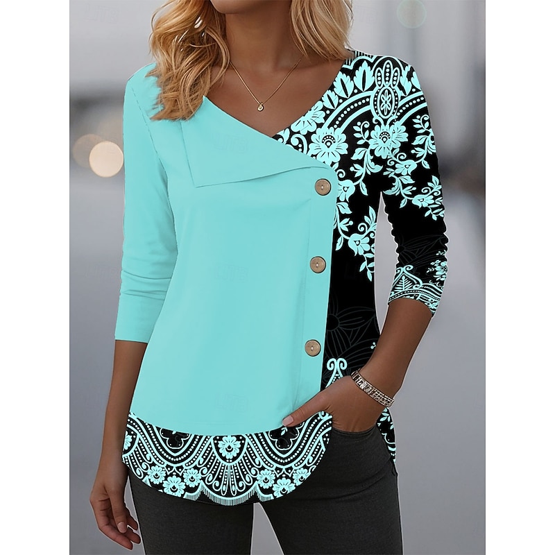 Women's Blouse Tunic V Neck Long Sleeve Buttons Graphic Tribal Elegant Fashion Casual Crew Neck Regular Tops Daily Patchwork Print Black Pink Blue Purple Green Spring Fall Winter Prefall3
