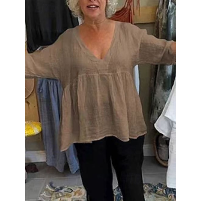 Women's Blouse Solid Color Casual Beach Regular Tops Black White Camel Spring Fall2