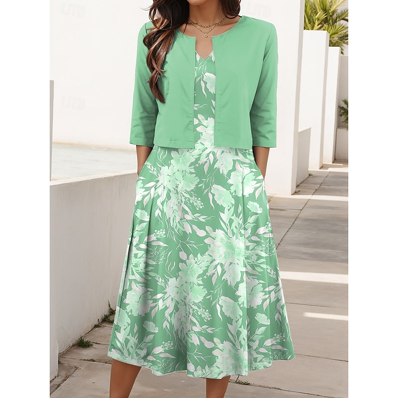 Women's Two Piece Dress Sets Midi Dress with Jacket Elegant A Line Dress Half Sleeve Party Semi Formal Floral Graphic Print V Neck Wedding Guest Daily Blue Purple Green Regular Fit4