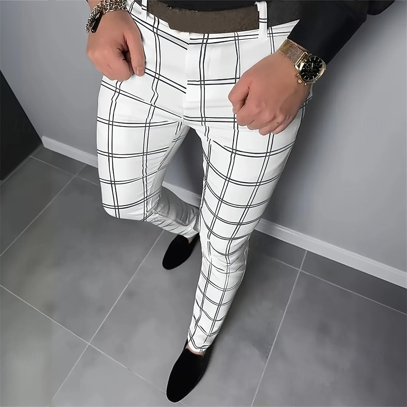 Men's Geometric Grid / Plaid Dress Pants Trousers Suit Pants Mid Waist Business Casual Formal Dailywear Slim Fit Pants with Pockets Spring Fall 3D Print Black White3