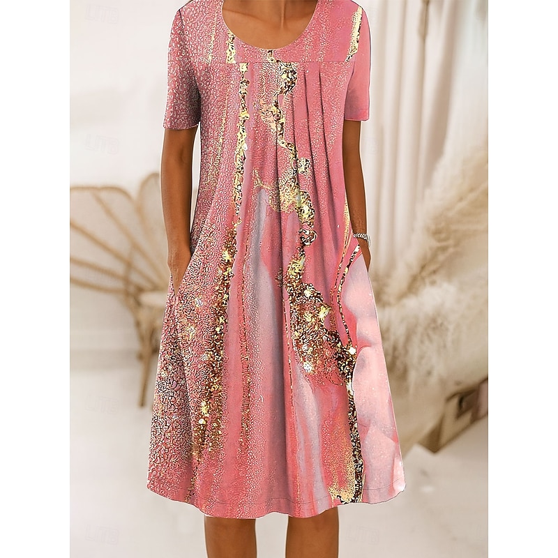 Women's Midi Dress Shift Dress A Line Dress Summer Dress Elegant Vacation Casual Regular Fit Graphic Marble Short Sleeve Crew Neck Pink Blue Green Summer Spring