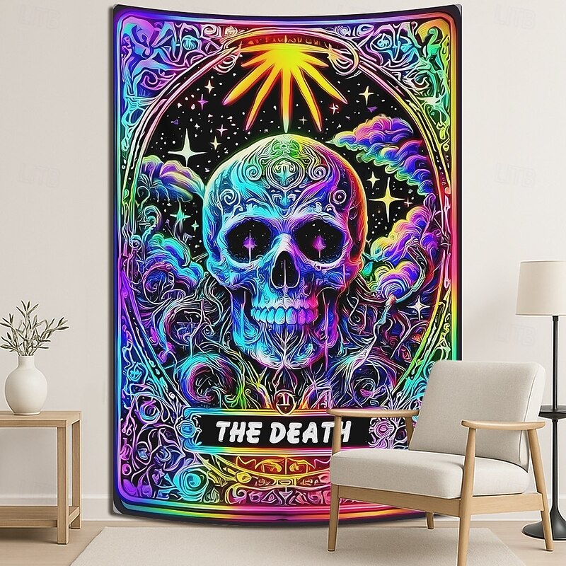 Halloween Blacklight Wall Tapestry – UV Reactive Tarot Card 'The Death' with Skull, Neon Colors Psychedelic Gothic Scene, Spiritual Backdrop for 2025 Halloween Meditation Room Decoration2