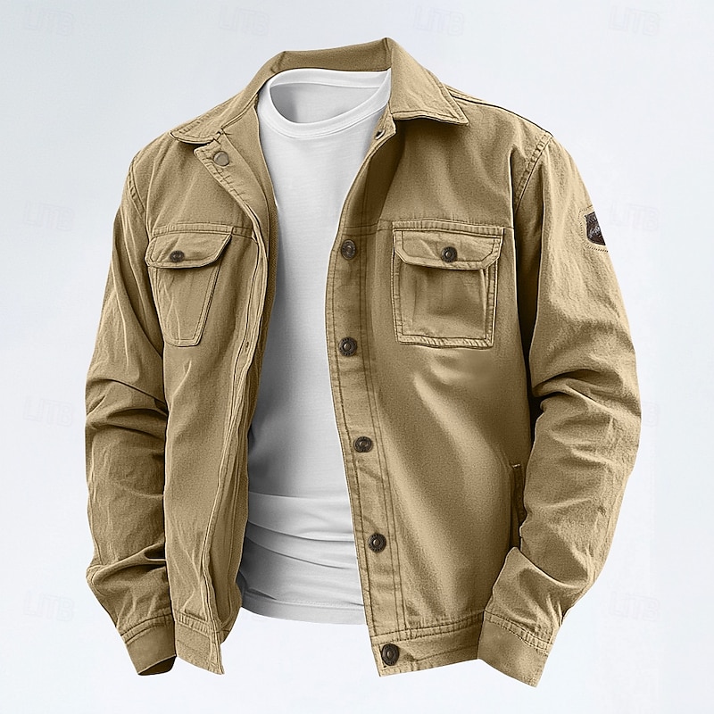 Men's Cargo Jacket Tactical Jacket Chore Jacket Casual Going out Windbreaker Inside Pocket Spring Fall Plain Fashion Classic Shirt Collar Regular Navy Blue Khaki Army Green Jacket