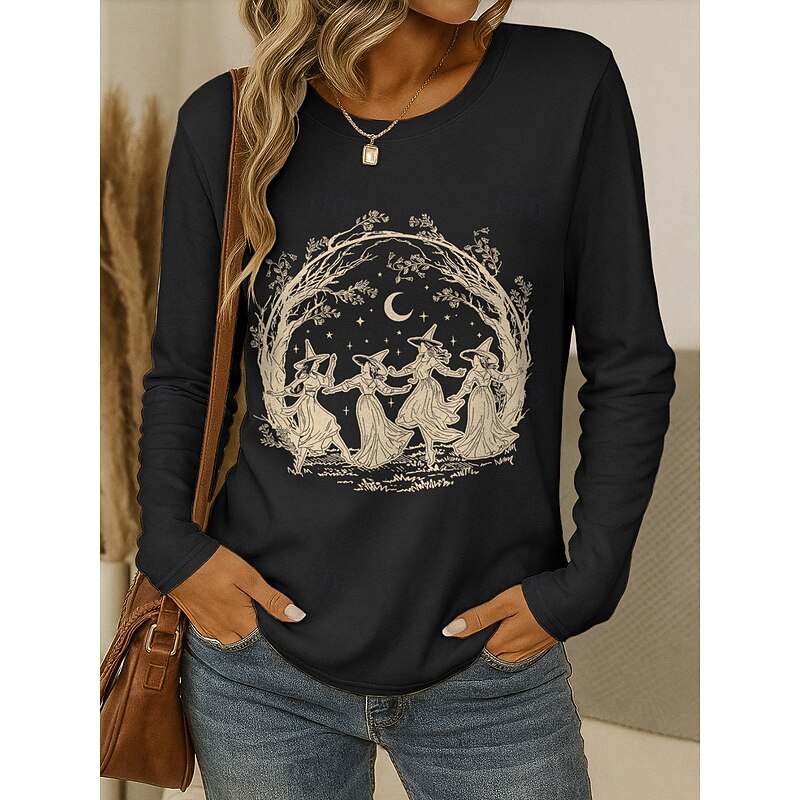 Halloween Women's T shirt Witch Crew Neck Long Sleeve Tunic Graphic Vintage Stylish Classic Round Neck Regular Tops Daily Weekend Print Black Wine Blue Purple Green Spring Fall