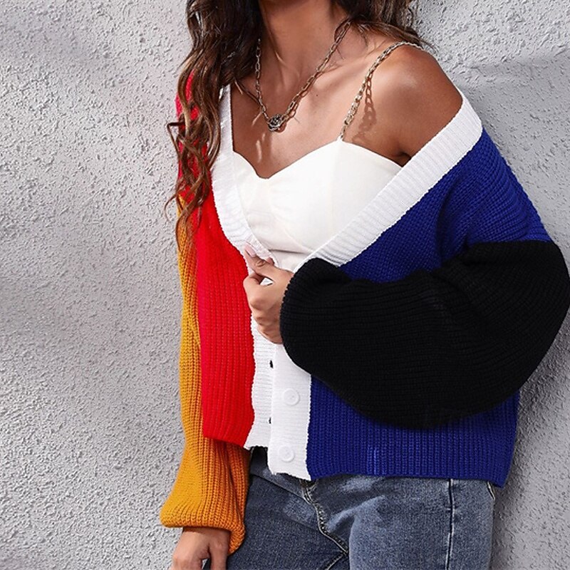 Women's Cardigan Casual Color Block Chunky V Neck Knitted Long Sleeve Crop Tops Knit Daily Holiday Going out Pink Blue Fall Winter3