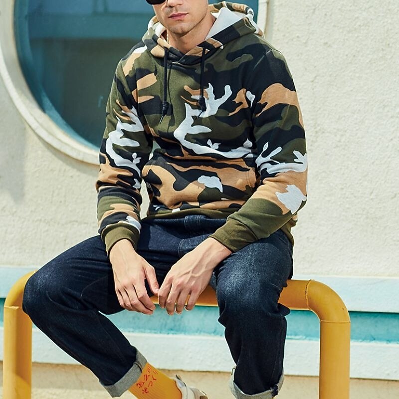 Men's Hoodie Army Green Khaki Camouflage Green Hooded Camo / Camouflage Drawstring Front Pocket Daily Holiday Going out Polyester Streetwear Casual Fall Winter Clothing Apparel Hoodies Sweatshirts4