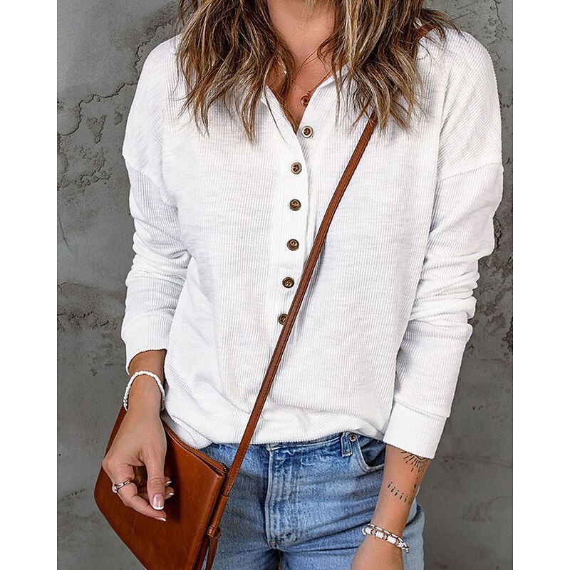 Women's Pullover Plain Streetwear Casual Comfy Long Sleeve V Neck Regular Tops Street Holiday Going out Buttons Quarter Zip Black White Gray Fall