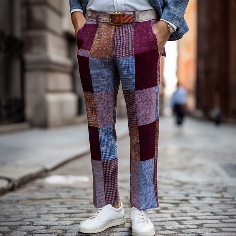 Men's Geometric Color Block Patchwork Dress Pants Trousers Suit Pants Mid Waist Vintage Outdoor Vacation Regular Fit Flat-Front Straight Leg Pants with Pockets Summer Spring Fall 3D Print Wine khaki2