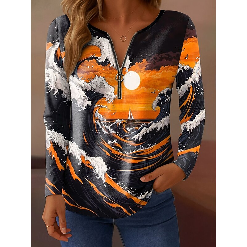Women's T Shirt Quarter Zip Long Sleeve Casual Graphic Ocean Elegant Vintage Stylish V Neck Regular Tops Daily Pink Blue Orange Green Spring Fall