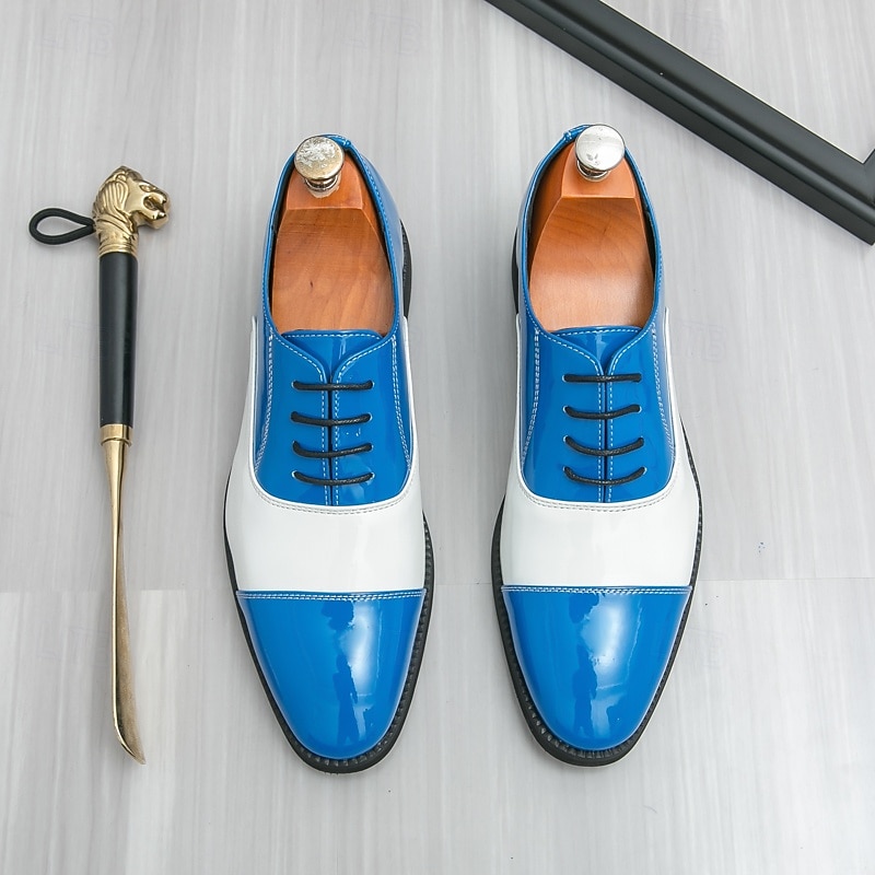 Men's Blue and White Oxford Dress Shoes with Polished Finish, Vintage Two-Tone Lace-Up Shoes for Stage Shows, Parties and Retro Fashion Eventsr4