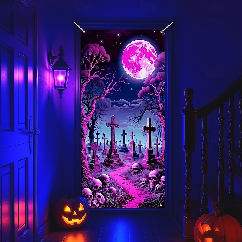 Halloween Door Cover Neon Graveyard with Full Moon Banner, Glowing Blacklight Entrance Decoration for Outdoor & Indoor 2025 Halloween Bedroom, Living Room, Bathroom4