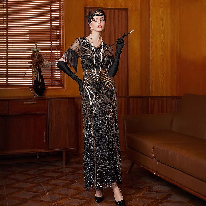 Retro Vintage Roaring 20s 1920s Ankle Length Flapper Dress Cocktail Dress Prom Dress The Great Gatsby Flapper Girl Sequins Fringe V Neck Fancy Dress Women's Christmas Halloween Carnival Wedding