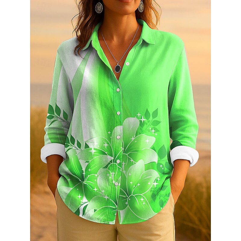 Women's Shirt Button Down Tunic Shirt Collar Long Sleeve Floral Graphic Elegant Vintage Tropical Regular Tops Work Daily s Print Pink Blue Purple Green Spring3