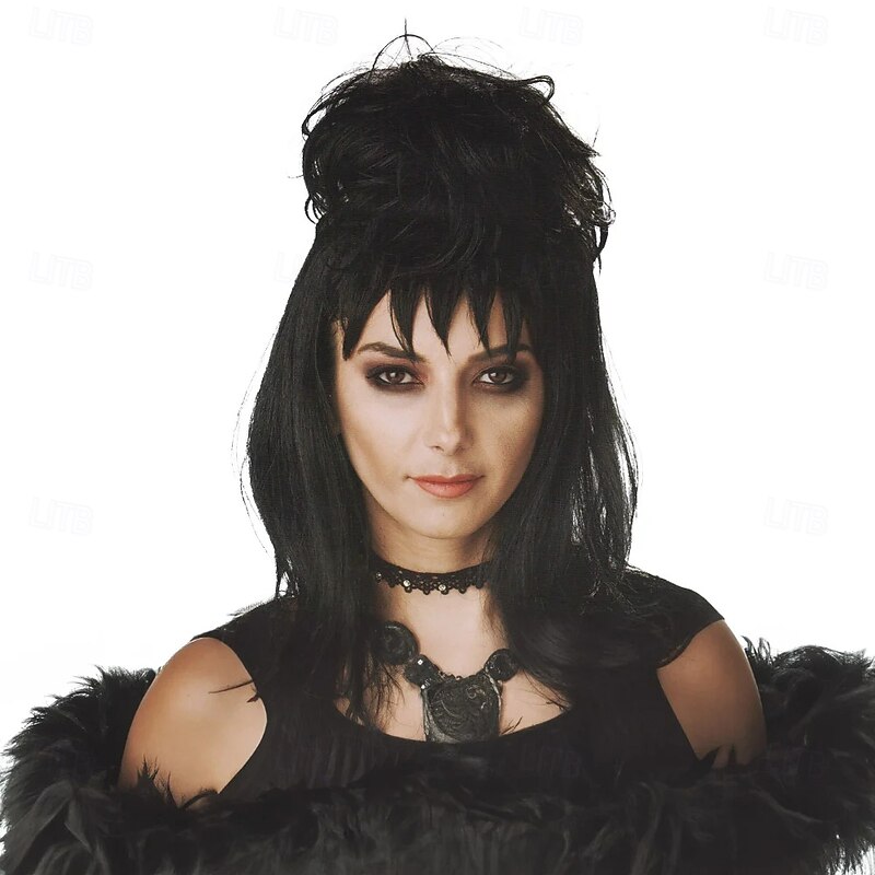 Beetlejuice 2 Lydia Deetz Cosplay Costume Party Wig Bride Fluffy Buns Curly Women'S Black Medium Long Straight Beetle Wig With Bangs Carnival Costume Accessories Halloween Wigs2