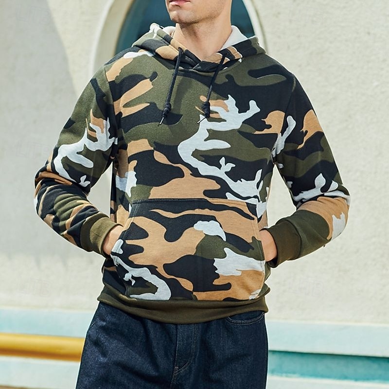 Men's Hoodie Army Green Khaki Camouflage Green Hooded Camo / Camouflage Drawstring Front Pocket Daily Holiday Going out Polyester Streetwear Casual Fall Winter Clothing Apparel Hoodies Sweatshirts