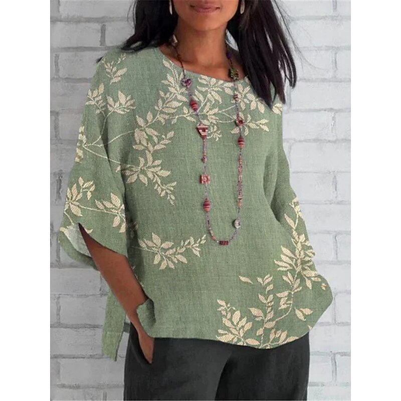 Women's Shirt Floral Daily Casual 3/4 Length Sleeve Crew Neck Regular Tops Daily Holiday Print Yellow Light Green Brown Green Khaki Summer Spring Fall2
