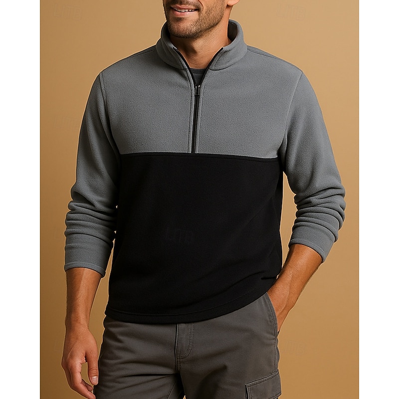 Men's Fleece Sweatshirt Quarter Zip Sweatshirt Long Sleeve Stand Collar Tee Tshirt Top Outdoor Thermal Warm Fleece Lining Winter Quarter-Zip Polyester Patchwork Yellow Red Green Hunting Climbing - Main Image