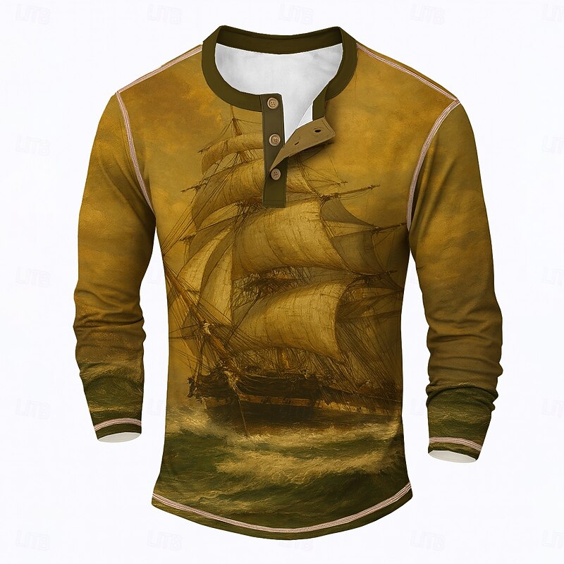 Men's Graphic Sailboat Henley Shirt Tee Long Sleeve Vintage Fashion Designer Outdoor Casual Daily Spring &  Fall All Seasons Brown Green Henley Henley T-Shirt