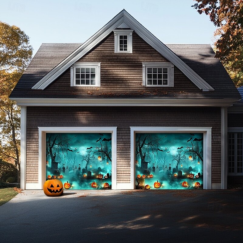 Halloween Garage Door Cover – Haunted Graveyard with Ghosts & Full Moon, Spooky Outdoor Decoration for 2025 Halloween Home Front Yard4