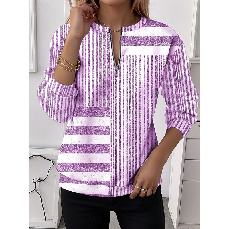 Women's Quarter Zipper Sweater Graphic Striped Casual Long Sleeve Crew Neck Regular Tops Street Dailywear Half Print Blue Purple Green Gray Spring Fall Winter4