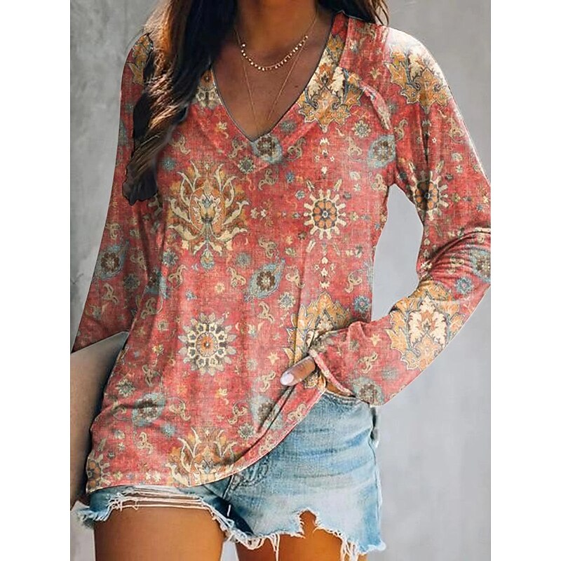 Women's T shirt Long Sleeve V Neck Long Sleeve Graphic Casual Geometry Vintage Stylish Classic Regular Tops Daily Weekend Print Light Green Pink Blue Orange Green Spring Fall Prefall