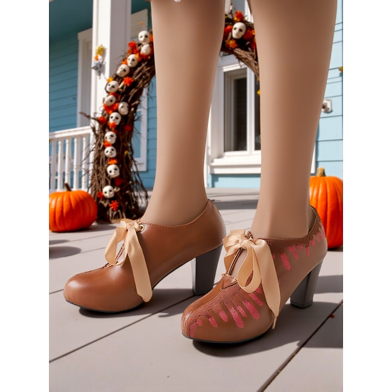 Women's Brown Halloween Costume Heels – Vintage Lace-Up Pumps with Pink Embroidery and Satin Ribbon, Unique Statement Shoes for Parties, Cosplay, and Fall Festivals