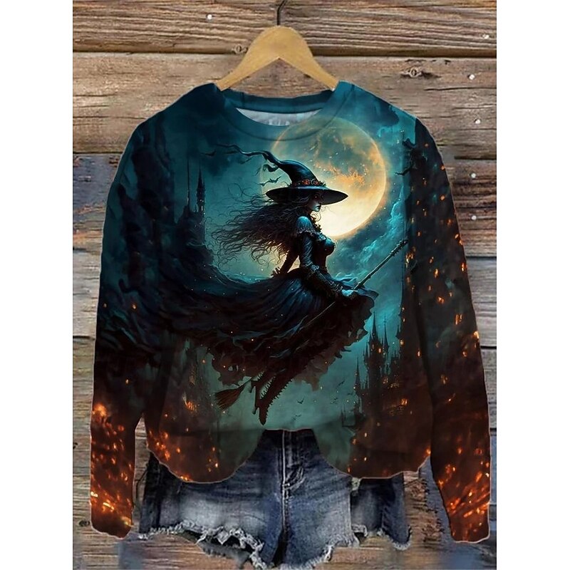 Halloween Women's Pullover Sweatshirt Witch Graphic Fashion Casual Long Sleeve Crew Neck Regular Tops Street Dailywear Casual Print Black White Brown Khaki Dark Blue Fall Winter2