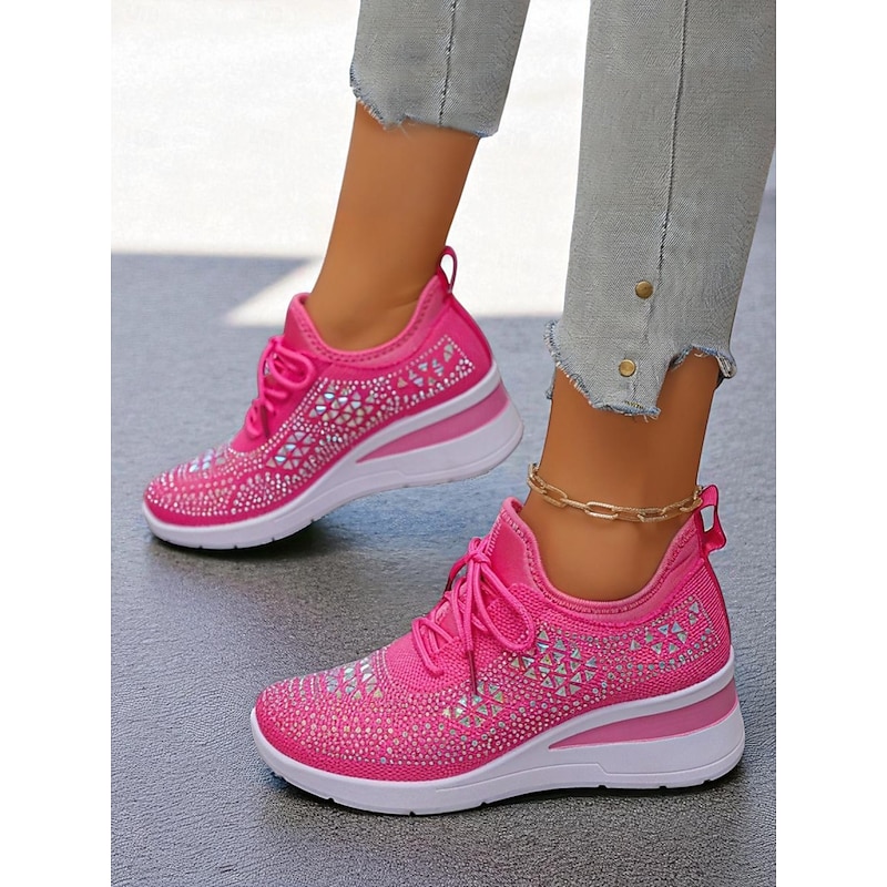 Women's Rose Pink Flyknit Wedge Sneakers with Rhinestone Detailing – Lightweight Breathable Athletic Shoes for Casual Wear and Walking
