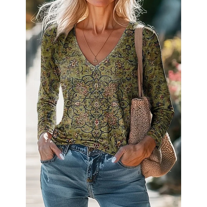 Women's Blouse Floral Bohemia Daily Long Sleeve V Neck Regular Tops Daily Holiday Print Black White Purple Green Apricot Summer Spring Fall