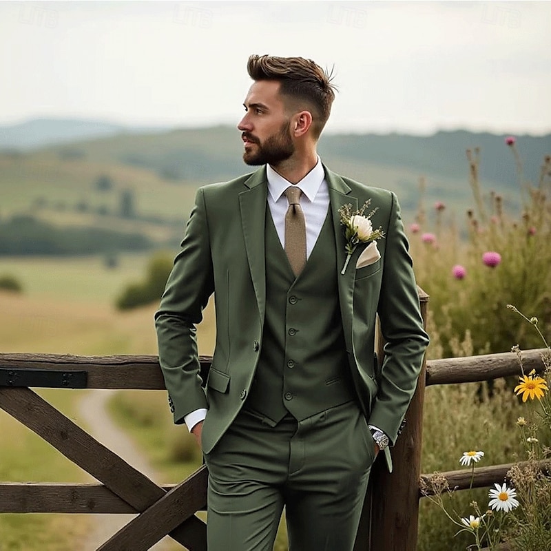Men's Wedding Business Suits Black Sage Fashion Formal Solid Colored Standard Fit 3 Piece Single Breasted Two-buttons
