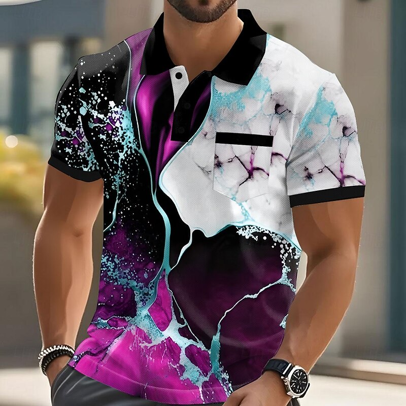 Men's Geometic Marble Polo Short Sleeve Polo Shirts Collared Shirts Business Casual Outdoor Athleisure Daily Wear 3D Print Buttons Summer Blue Purple Orange4