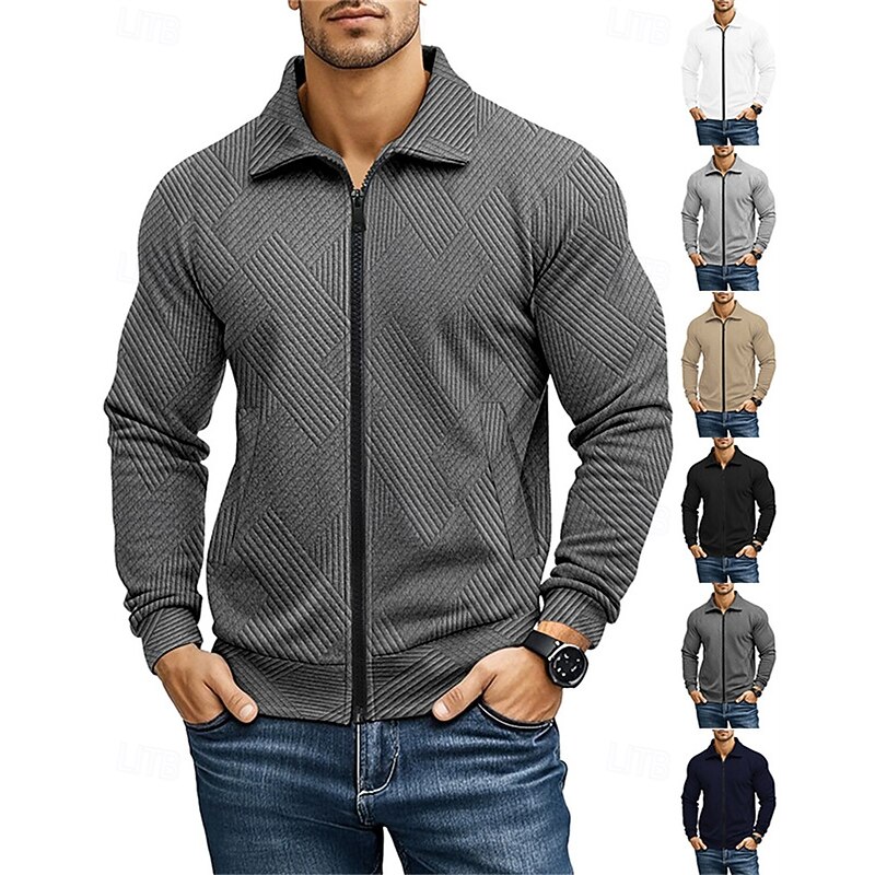 Men's Lightweight Jacket Casual Jacket Vacation Daily Breathability Pocket Jacquard Spring Fall Plain Fashion Classic Lapel Regular Black White Navy Blue Khaki Light Grey Jacket