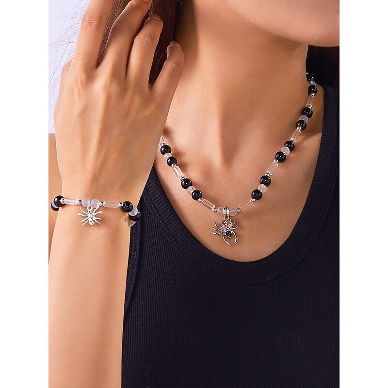 Women's Halloween Glow-in-the-Dark Spider Necklace and Bracelet Set – Alloy and Resin Beaded Jewelry for Party, Cosplay and Costume Accessories4