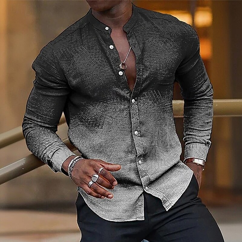Men's Gradient Color Shirt Button Up Shirt Stand Collar Shirt Long Sleeve Ethnic Vintage Retro Outdoor Vacation Daily Spring Fall Mandarin Collar Band Collar 3D Print Linen Like Shirt Wine Blue Green