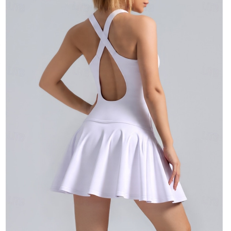 Women's Patchwork Solid Colored Tennis Dress Tennis Skirts with Shorts 1 PC Sleeveless Sporty Reduces Chafing High Elasticity Professional Tennis Running Fitness Strap U Neck Skirt Dress Black White2