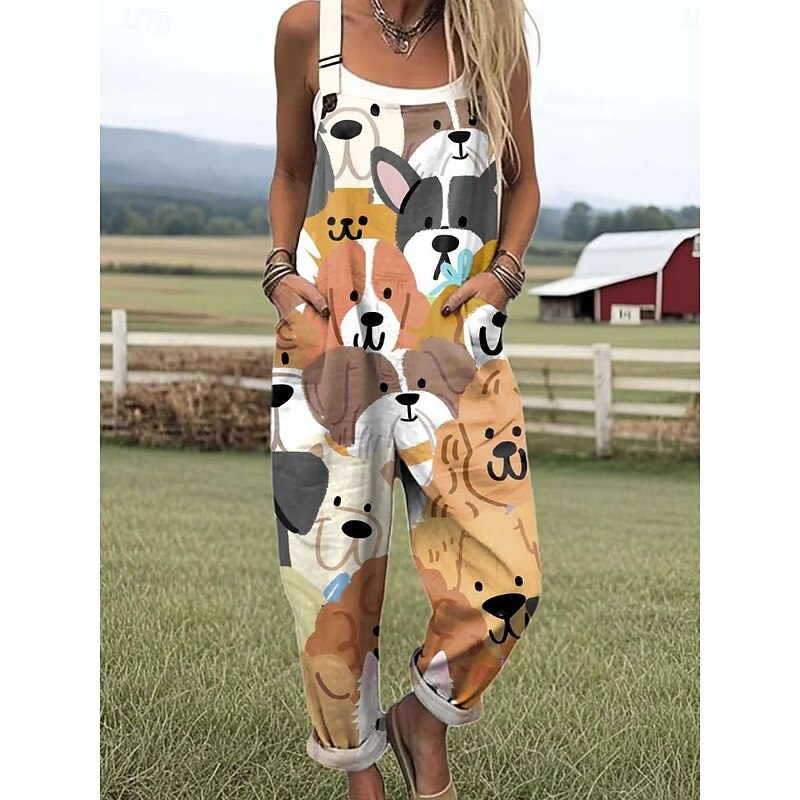 Women's Dungarees Active Graphic Sleeveless Print Vacation Street Loose Fit White Pink Blue Summer3