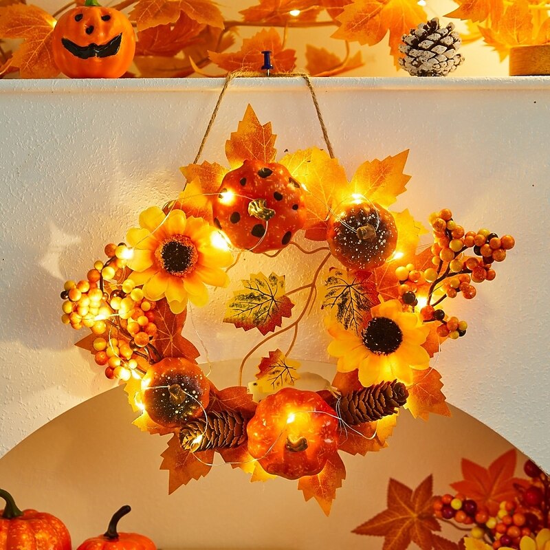 Halloween Fall Ornament with Halloween Wreath featuring Maple Leaves and Pumpkin for Door Hanging, Harvest Festival Scene Decoration for Spooky Autumn Halloween4
