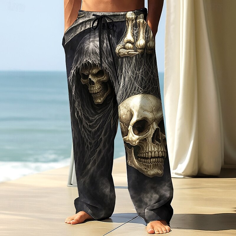 Men's Trousers Baggy Pants Casual Pants Elastic Drawstring Waist Linen-Like Pants with Pockets Skull Skeleton Halloween Costumes Full Length Outdoor Holiday Dark Gothic Style Black Blue Inelastic